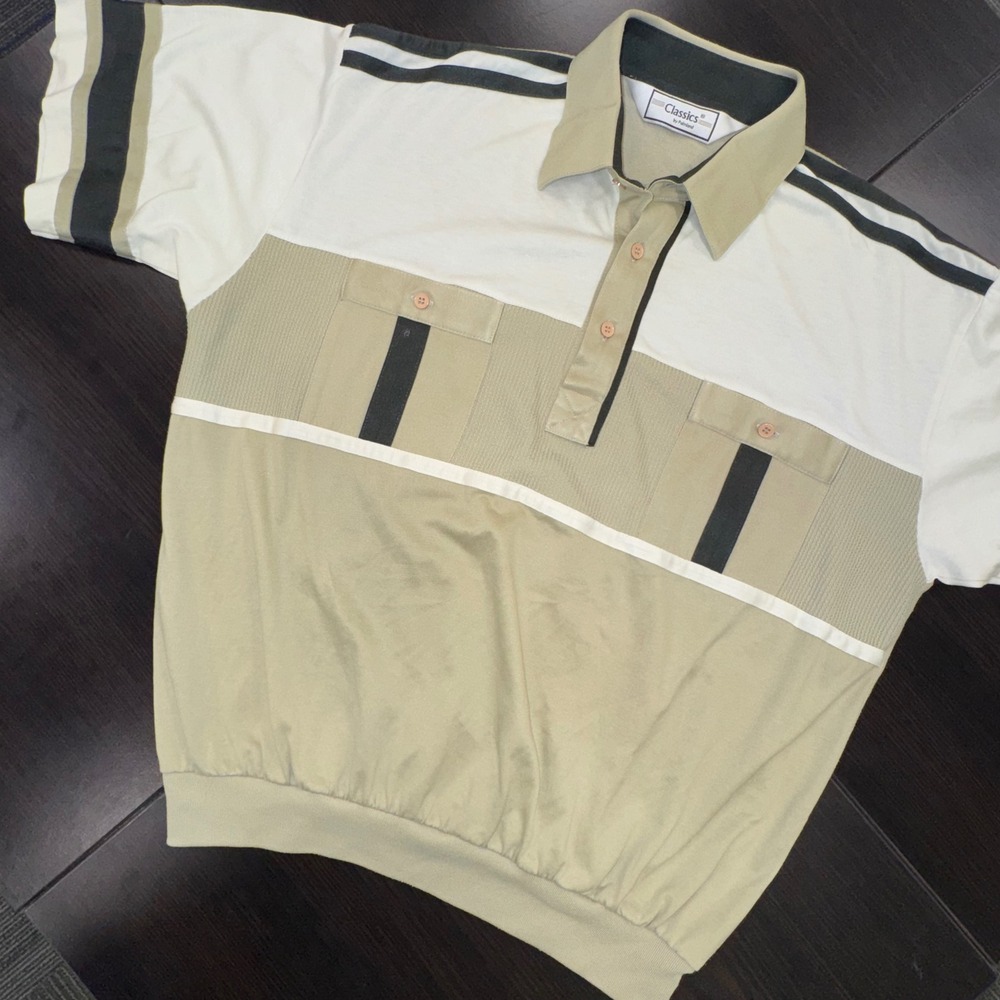 Classics by Palmland Polo Shirt Mens Large Tan 90s Vintage Banded Bottom Striped